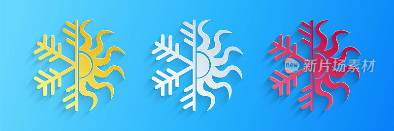 Paper cut Hot and cold symbol. Sun and snowflake icon isolated on blue background. Winter and summer symbol. Paper art style. Vector